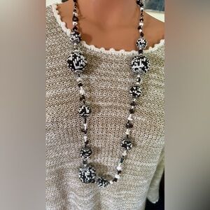 Black & White Seeded Spheres Necklace w Metallic Accents 41” Long Lobster